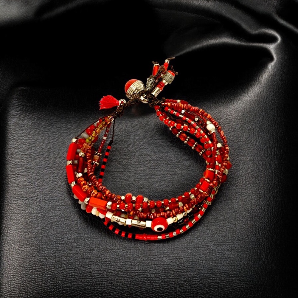 Handmade Vibrant Red Multi-Strand Beaded Evil Eye protection Bracelet